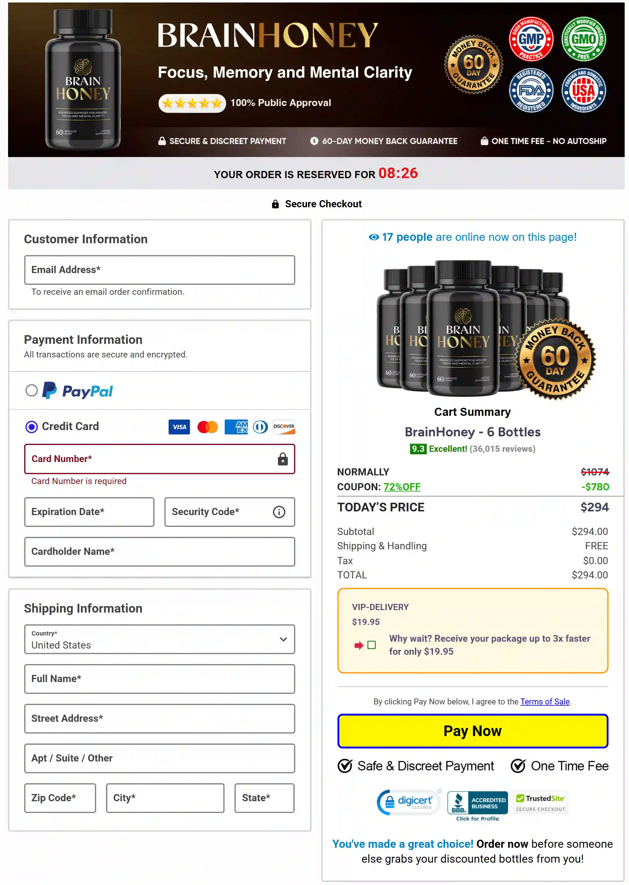 Secure Brain Honey checkout page for supplement orders